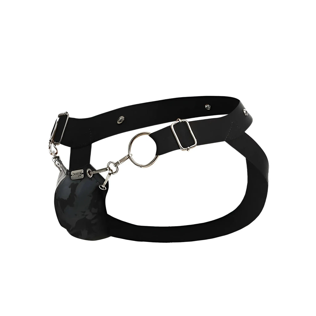 Black leather harness with silver metal hardware and camouflage pouch attached by chains for dngeon snap jockstrap