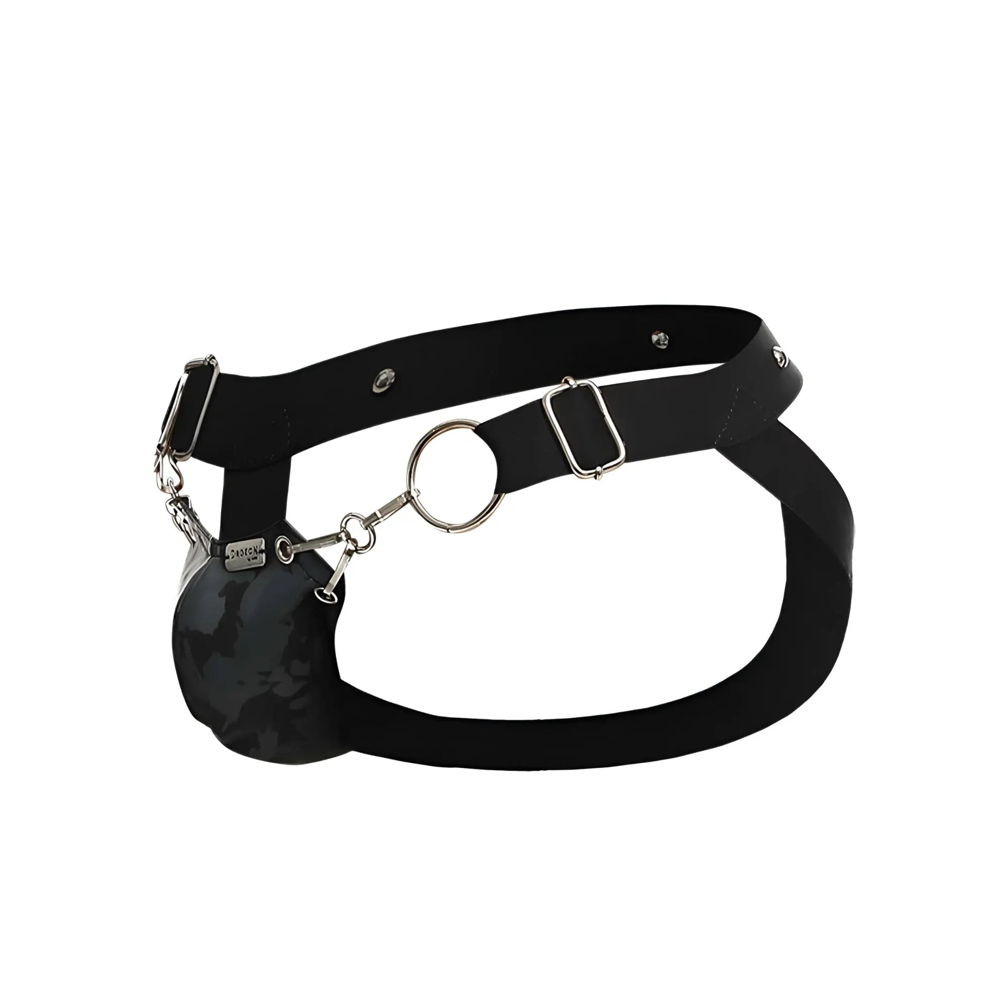 Black leather harness with silver metal hardware and camouflage pouch attached by chains for dngeon snap jockstrap