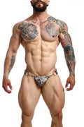 Dngeon snap jockstrap camo thong with black and gray camouflage pattern and metal chain straps back view