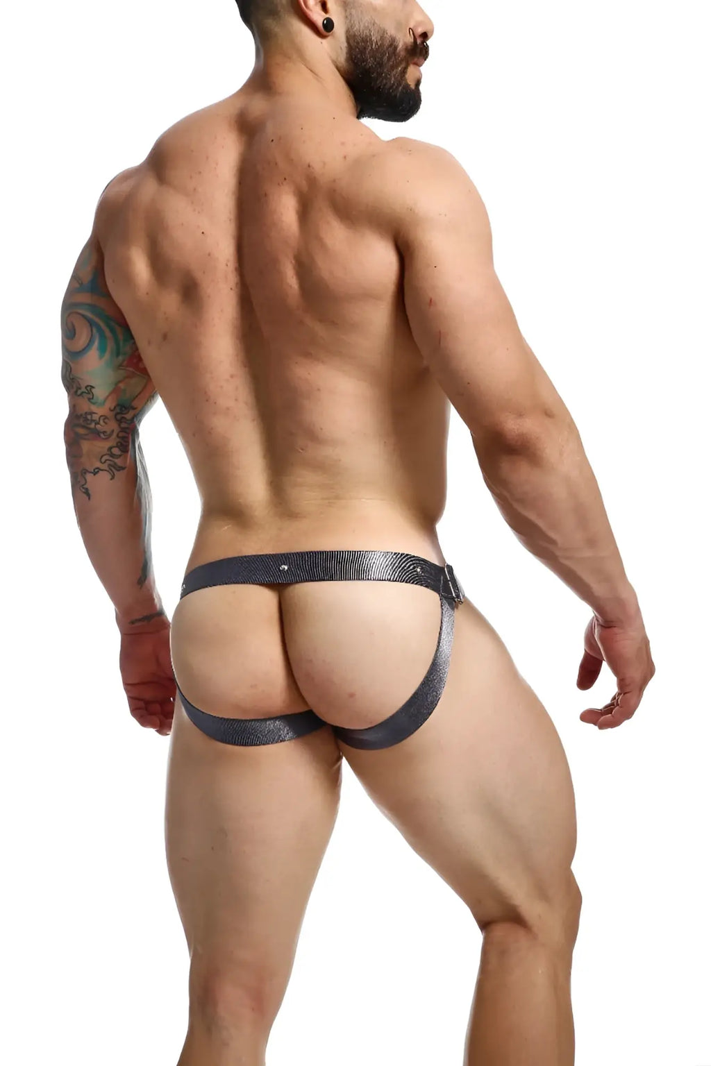Black textured leather briefs with a sleek modern design from dngeon snap jockstrap camo collection