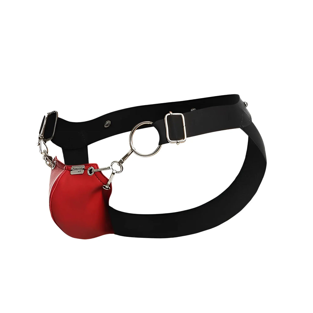 Dngeon snap jockstrap featuring red glossy leather pouch with silver hardware on a black elastic belt front view