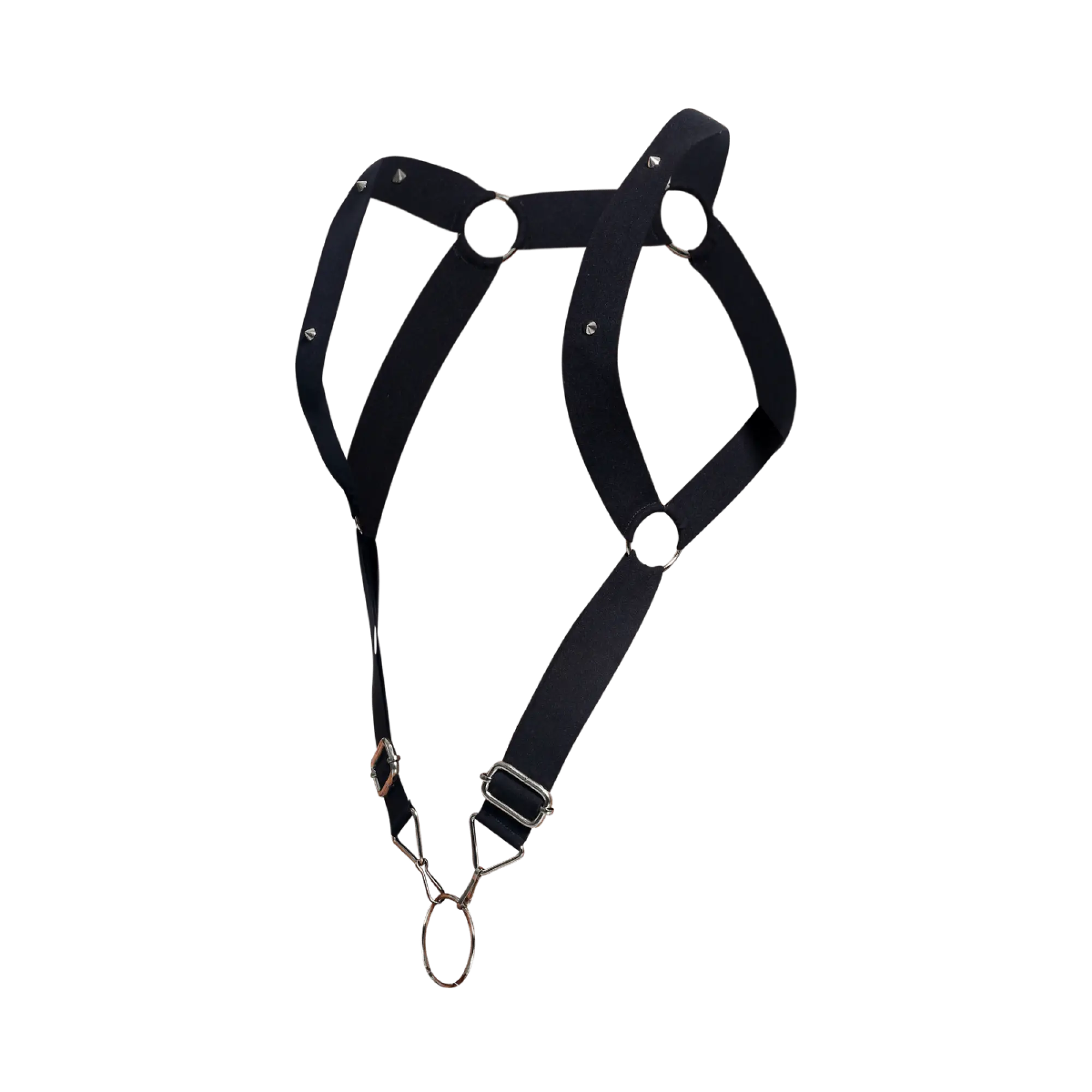 Dngeon straight back harness in black leather with silver metal hardware and adjustable straps shown from the back side