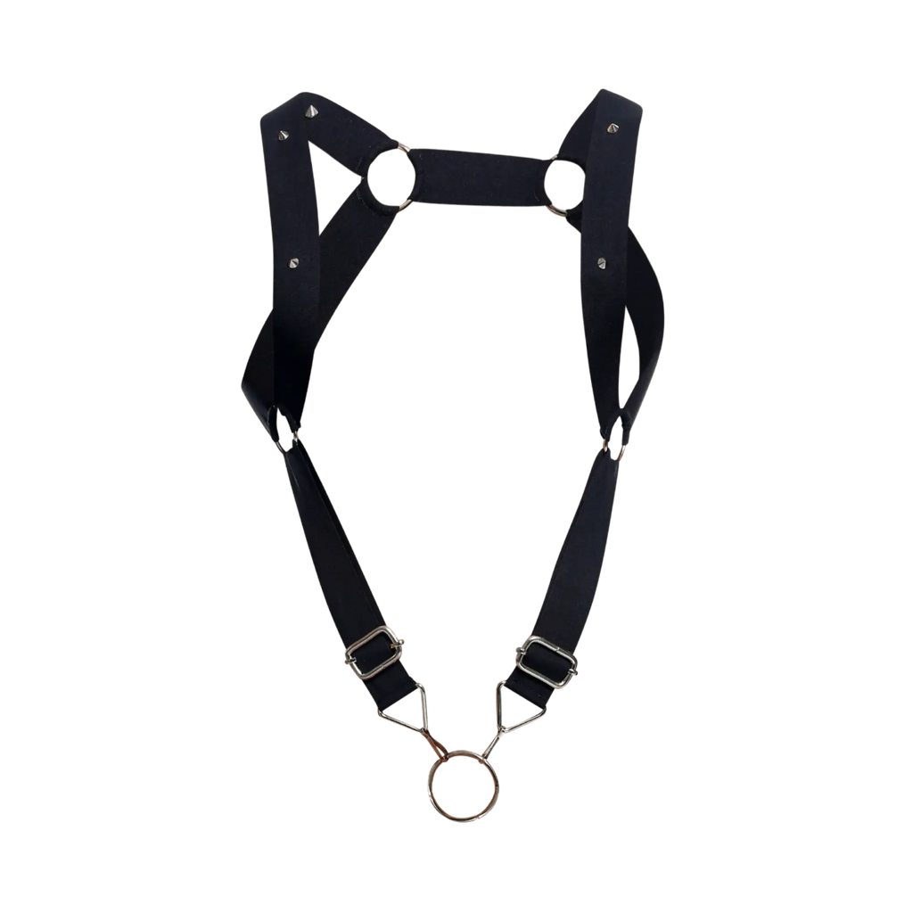 Dngeon straight back harness in black leather with silver metal hardware and central ring detail