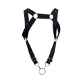 Dngeon straight back harness in black leather with silver metal hardware and central ring detail