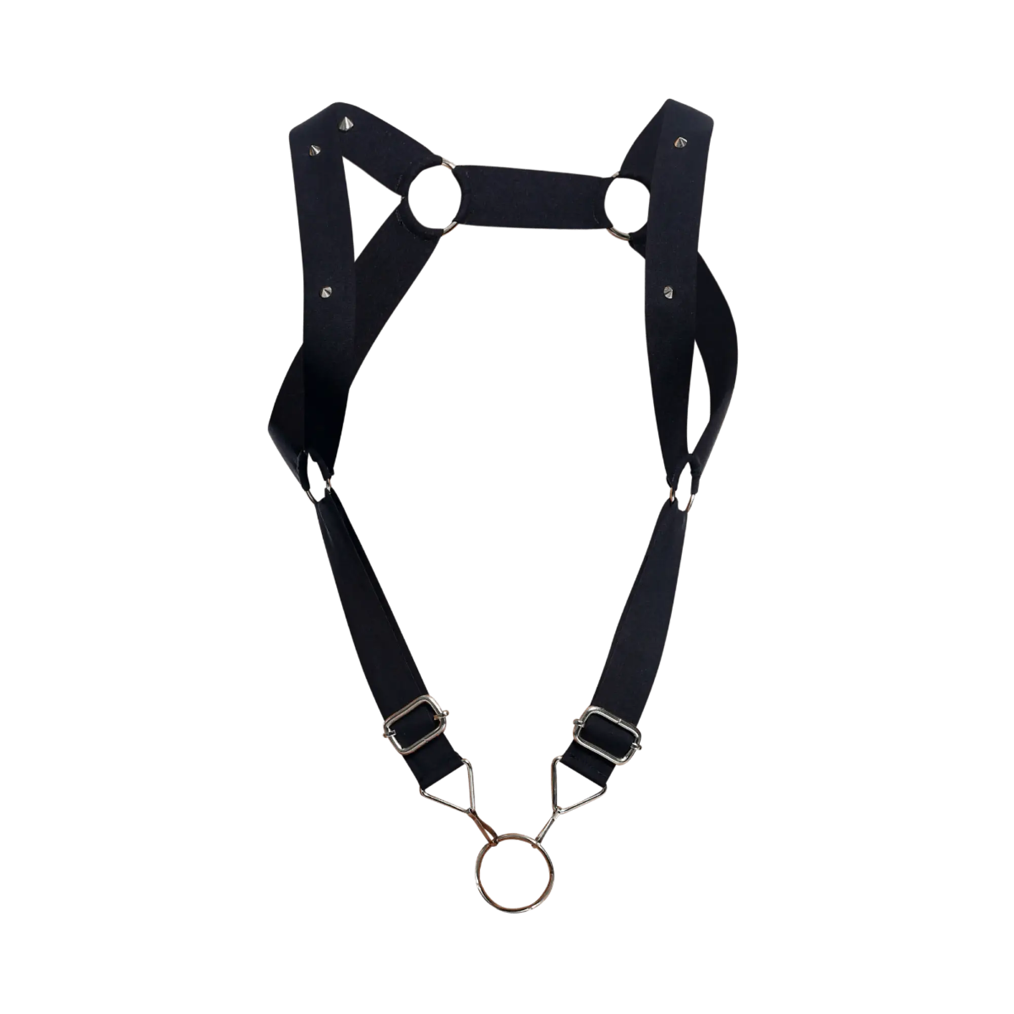 Dngeon straight back harness in black leather with silver metal hardware and central ring detail
