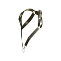 Dngeon straight back harness in dark olive green nylon with metal rings and hook shown from the back side