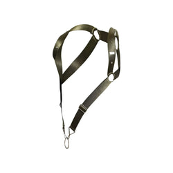 Dngeon straight back harness in dark olive green nylon with metal rings and hook shown from the back side
