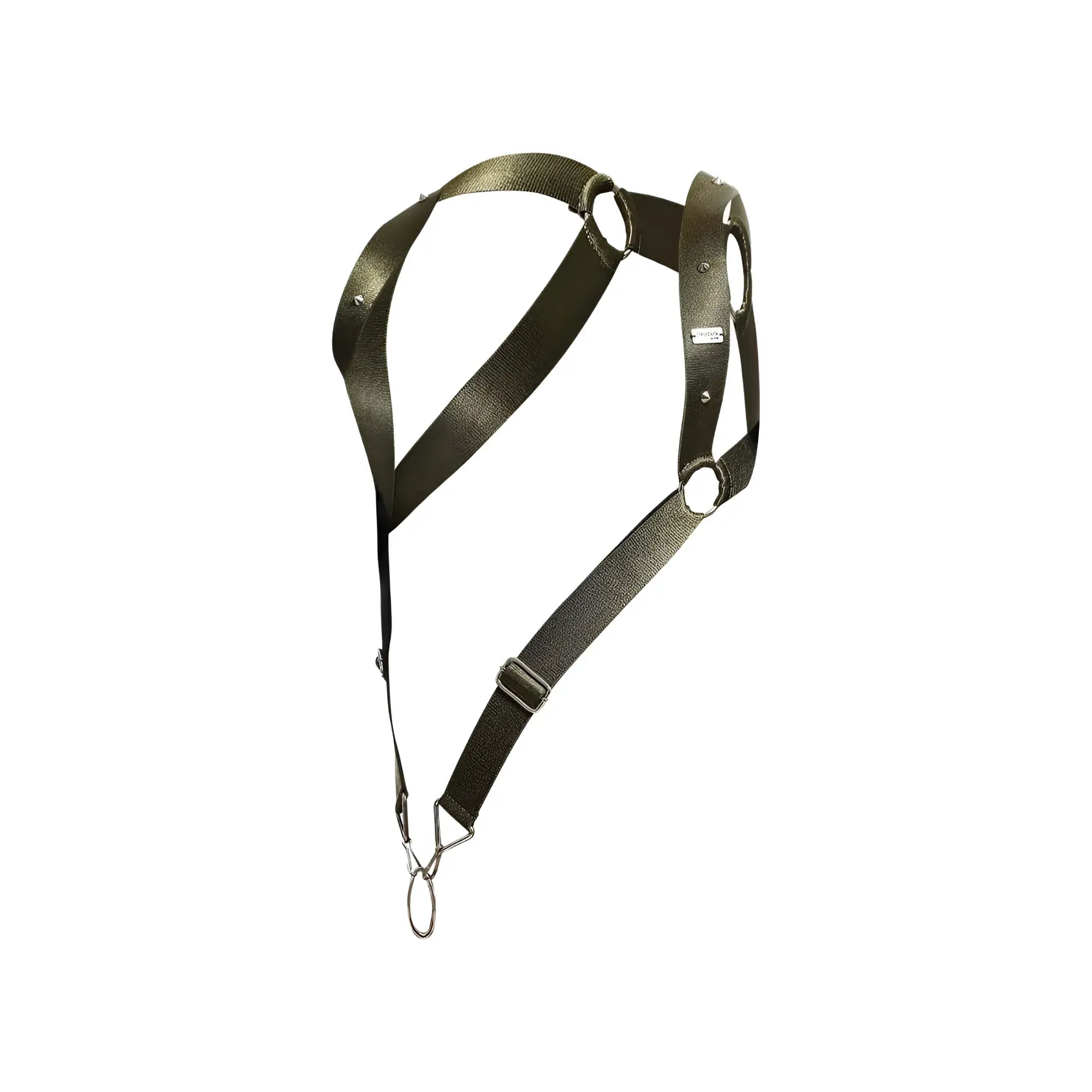 Dngeon straight back harness in dark olive green nylon with metal rings and hook shown from the back side