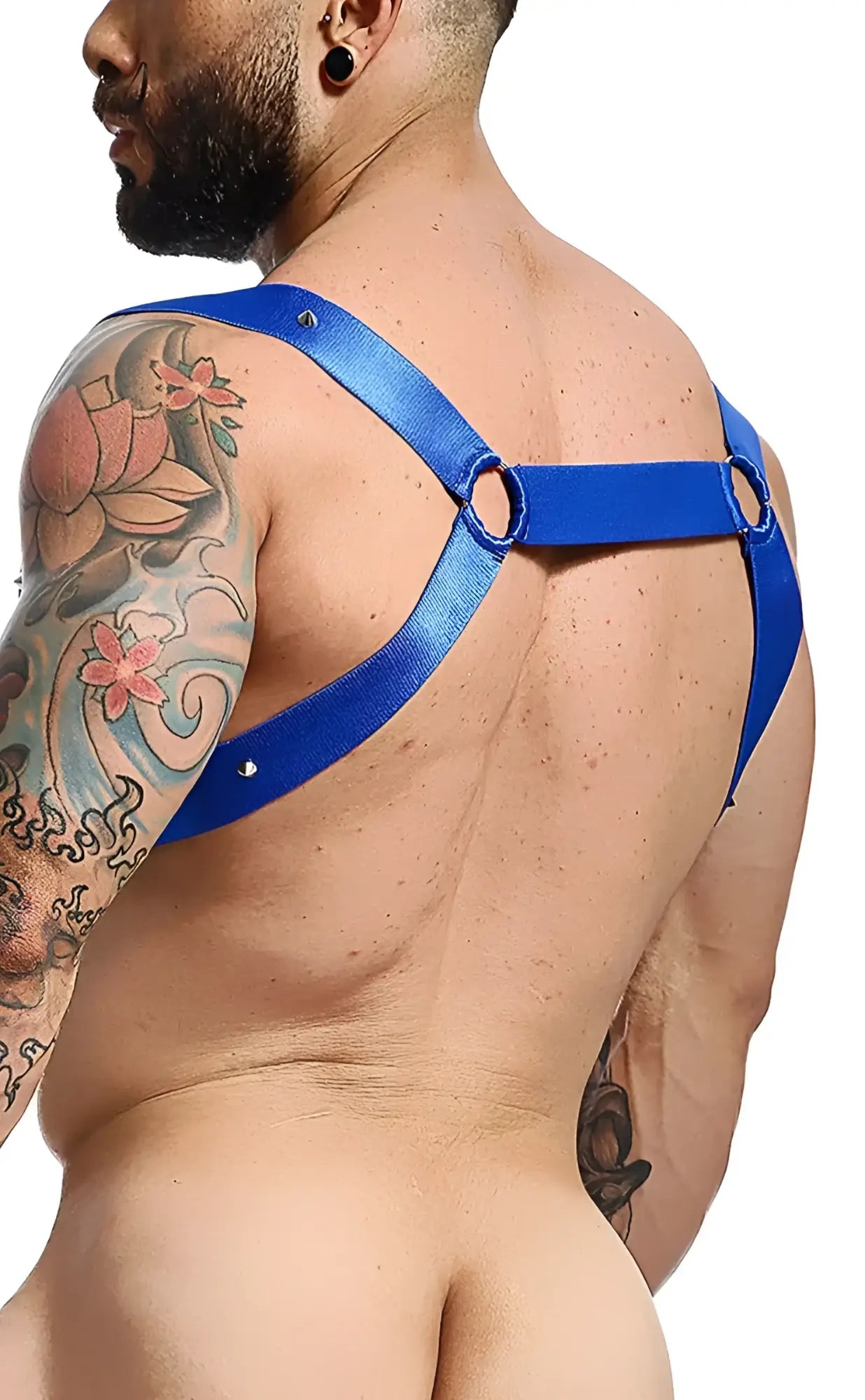 Blue satin strap straight back harness with circular metal rings for dngeon mirror use showing back side