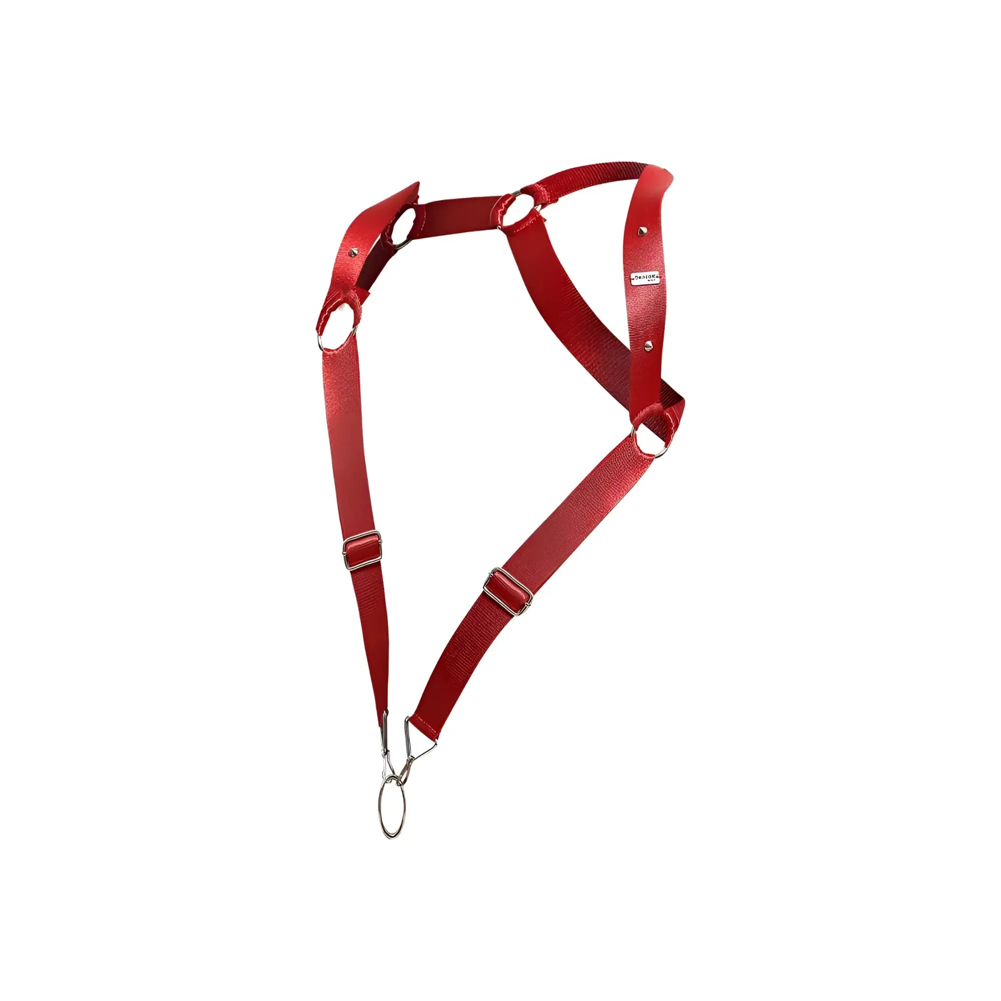 Red leather dog harness dngeon straight back harness with metal hardware and adjustable straps visible from back side
