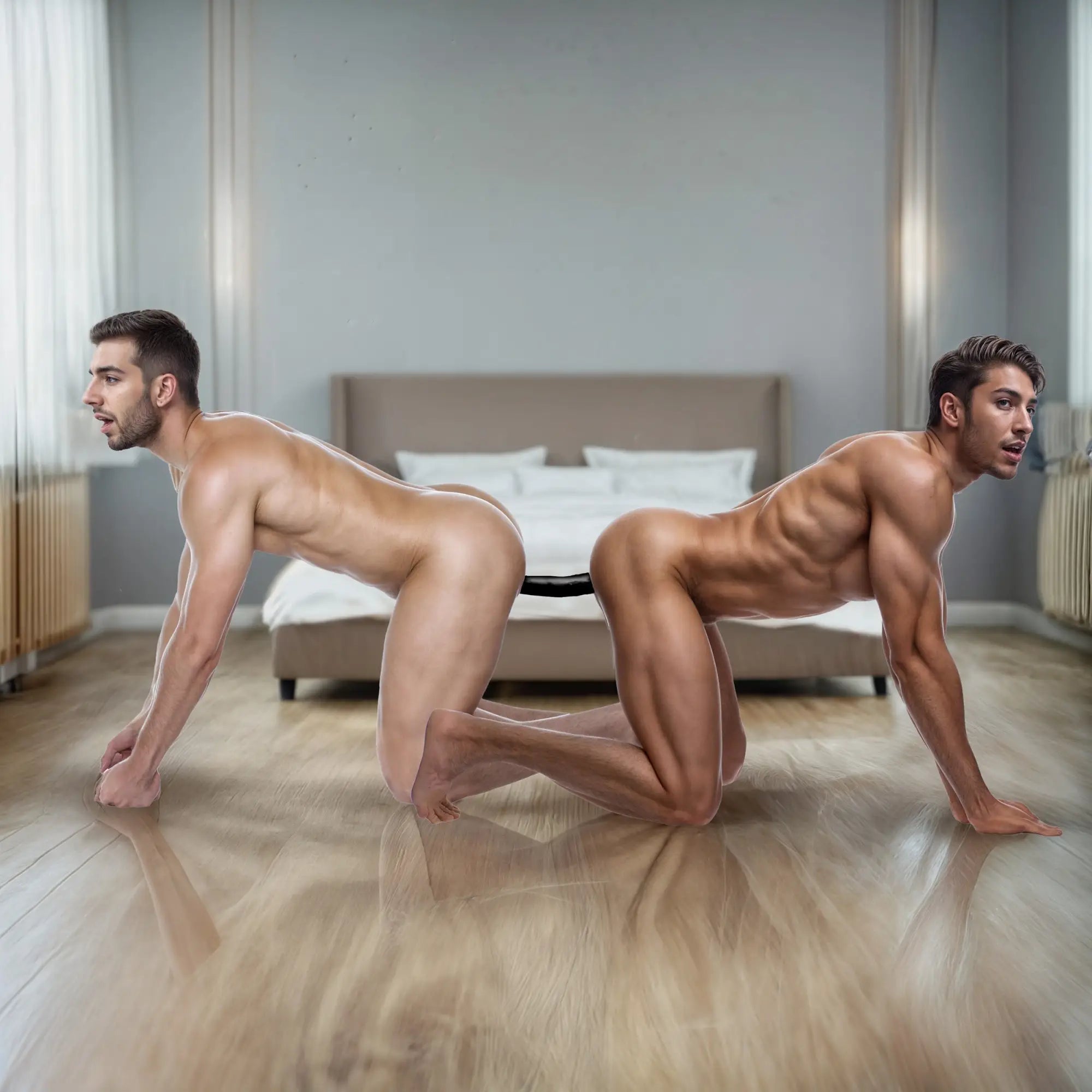 Two muscular men positioned back-to-back using a black Doc Johnson Enterprises double-ended dildo in a bedroom.