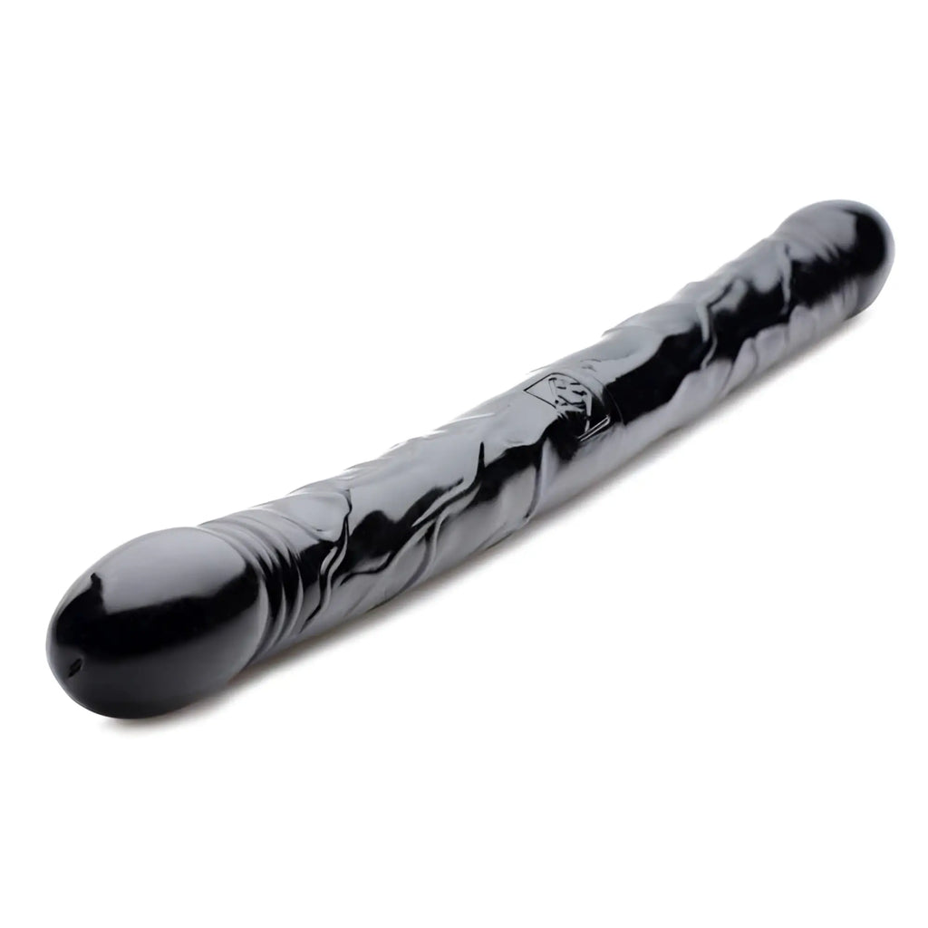Doc Johnson double-ended dildo in shiny black with a textured, realistic finish, shown against a white background.