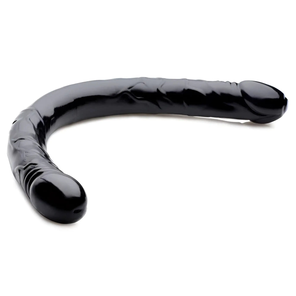Doc Johnson double-ended dildo in shiny black, featuring a curved design with realistic phallic ends on both sides.