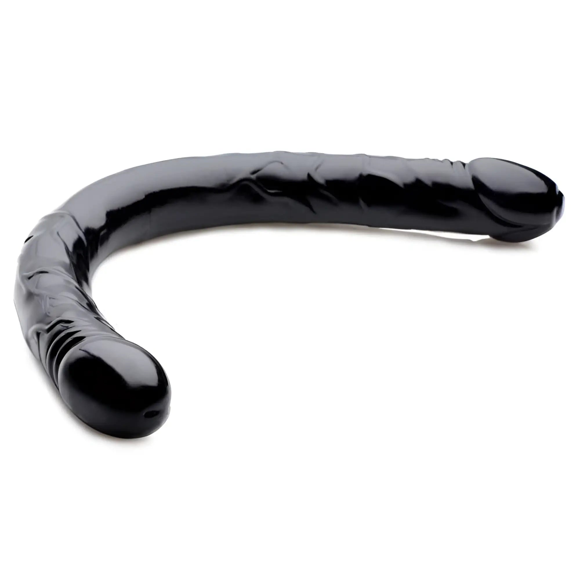 Doc Johnson double-ended dildo in shiny black, featuring a curved design with realistic phallic ends on both sides.