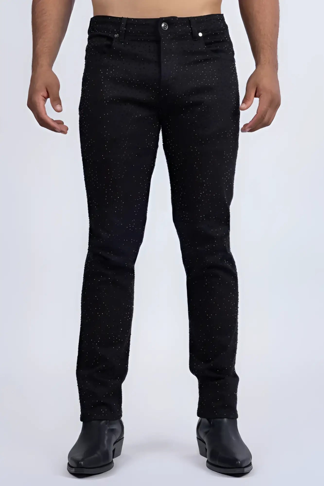 Black denim dolorosa rhinestone jeans featuring subtle glittery speckle pattern on front side
