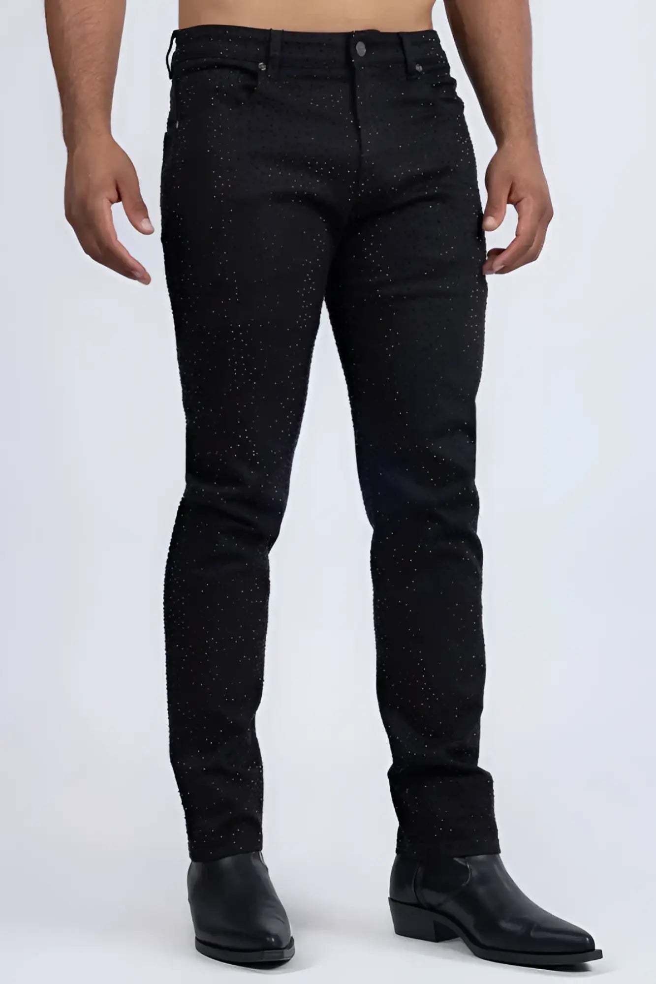 Dolorosa rhinestone black jeans with slim fit cut subtle glittery speckle pattern and classic denim construction