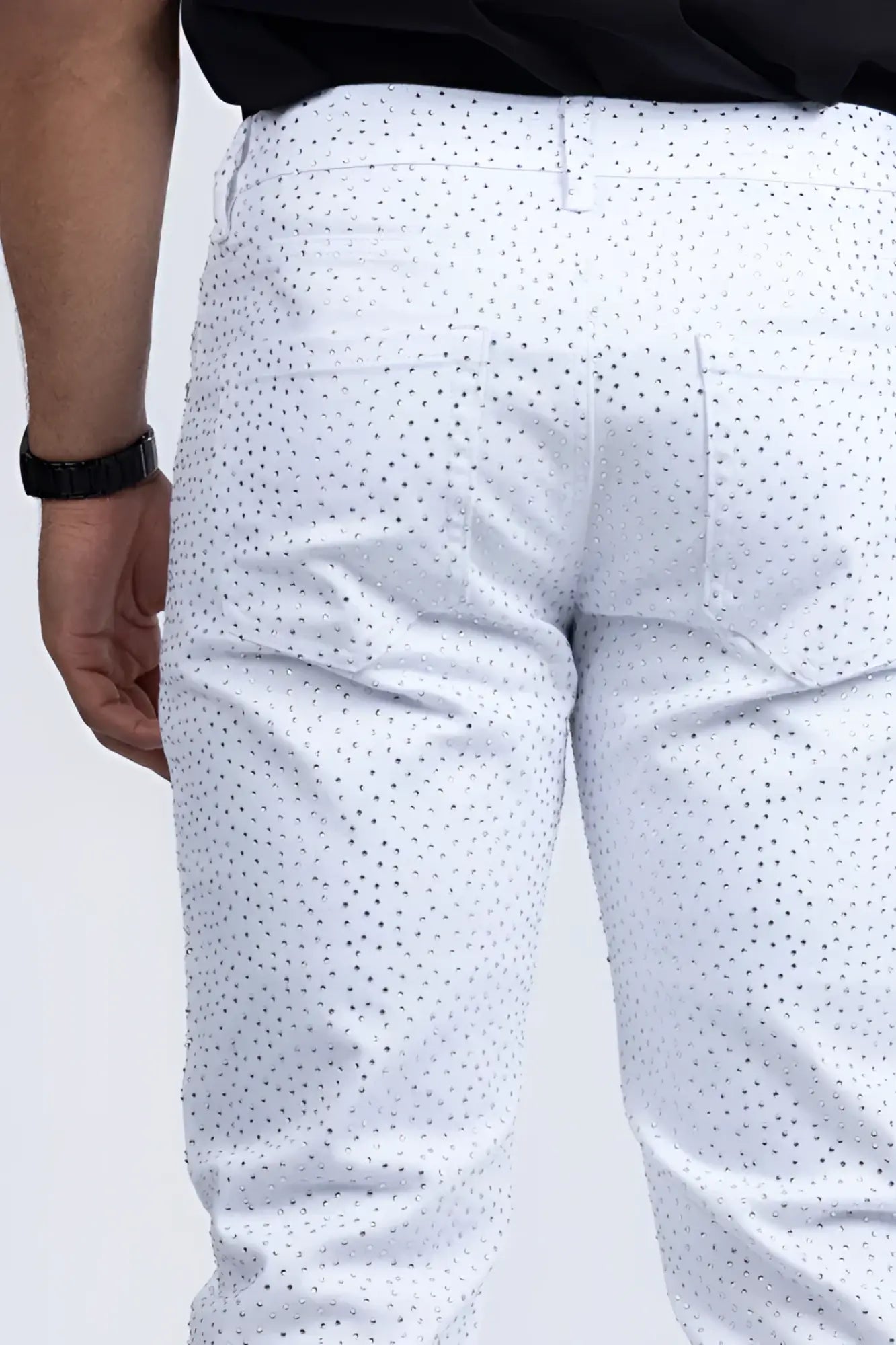 Dolorosa rhinestone jeans white pants with subtle black dot pattern showcasing stylish casual denim wear