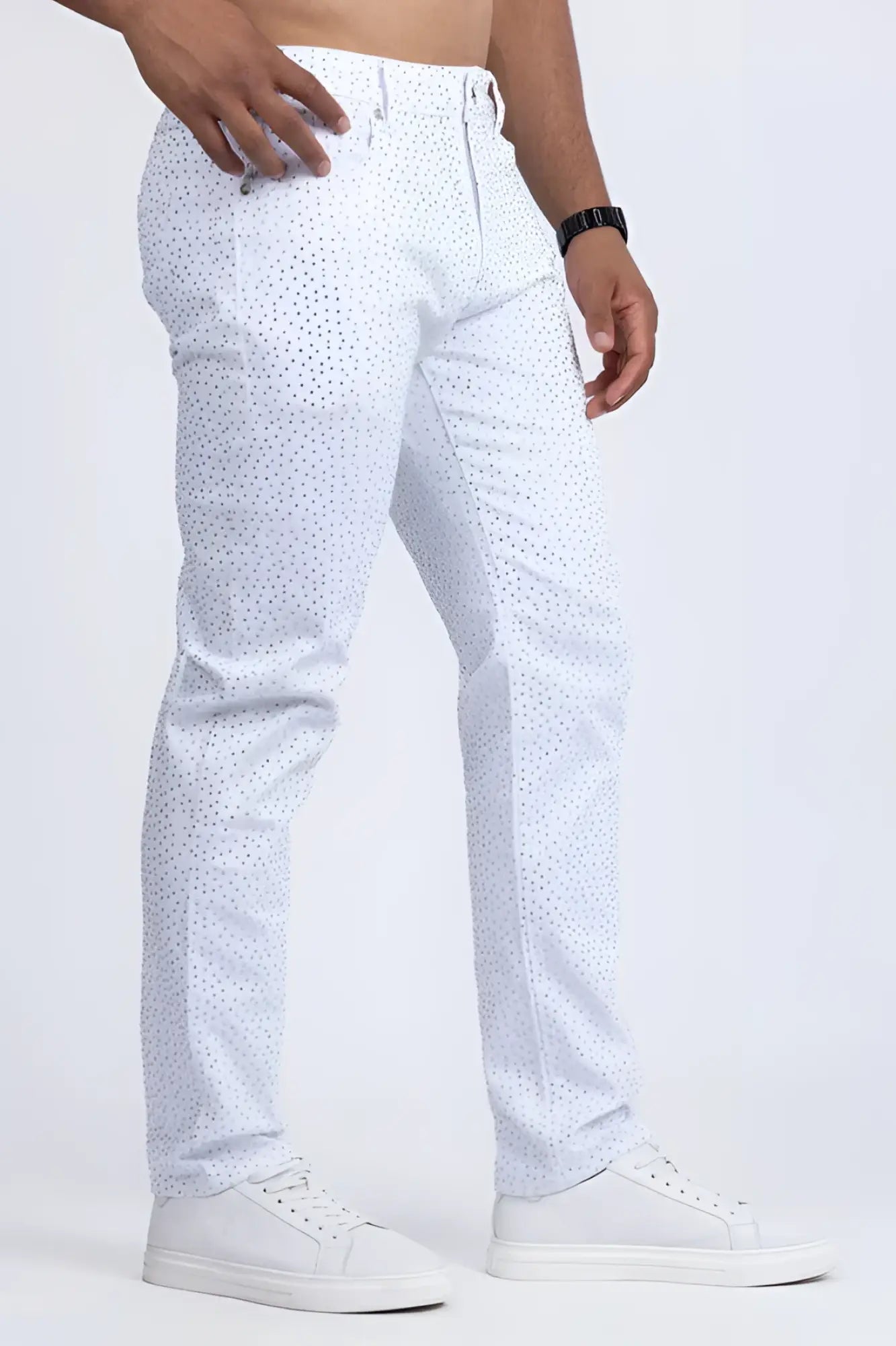 White dolorosa rhinestone jeans with subtle dotted pattern made of lightweight fabric