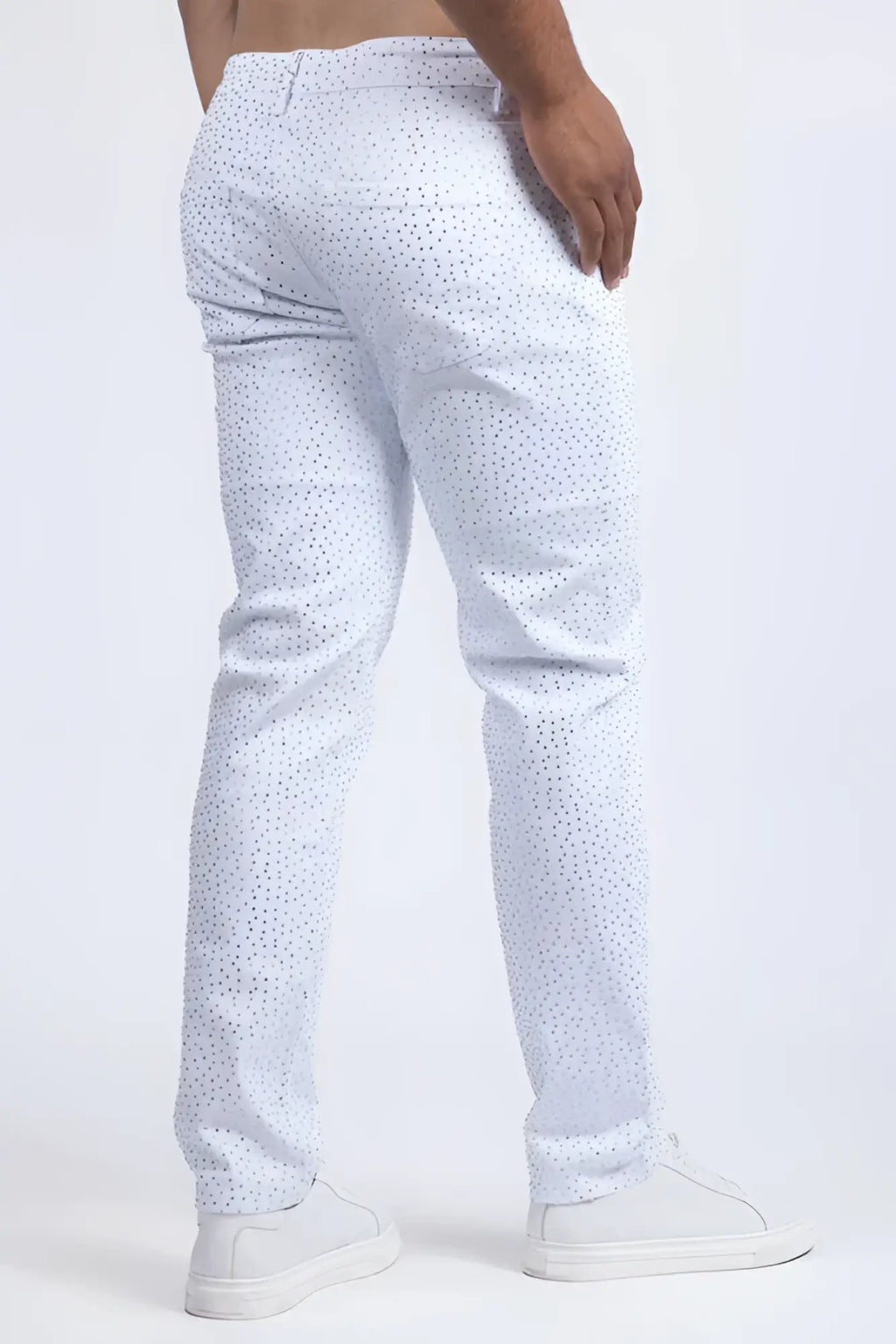 White dolorosa rhinestone jeans with subtle dotted pattern on lightweight denim fabric