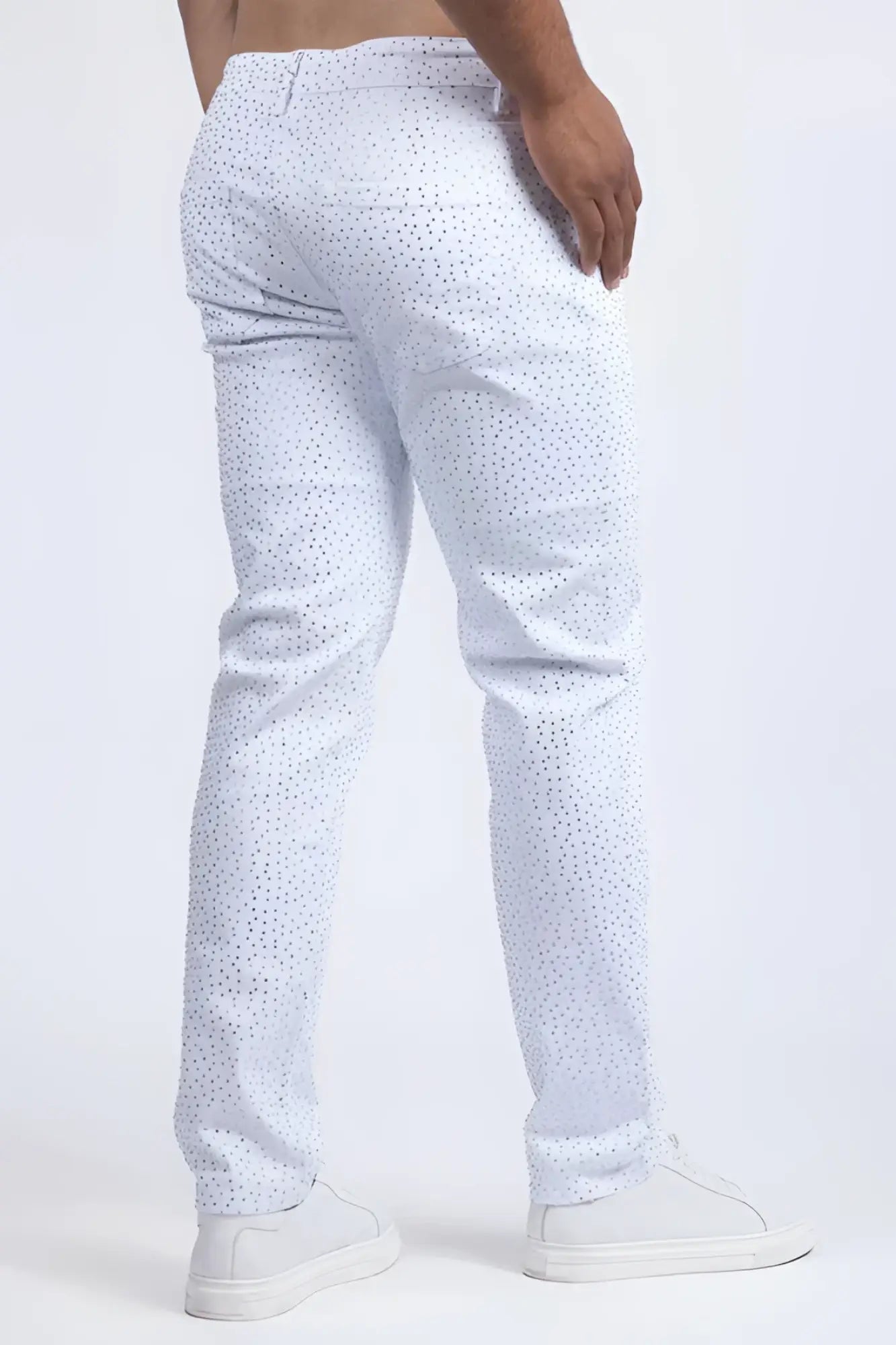 White dolorosa rhinestone jeans with subtle dotted pattern on lightweight denim fabric