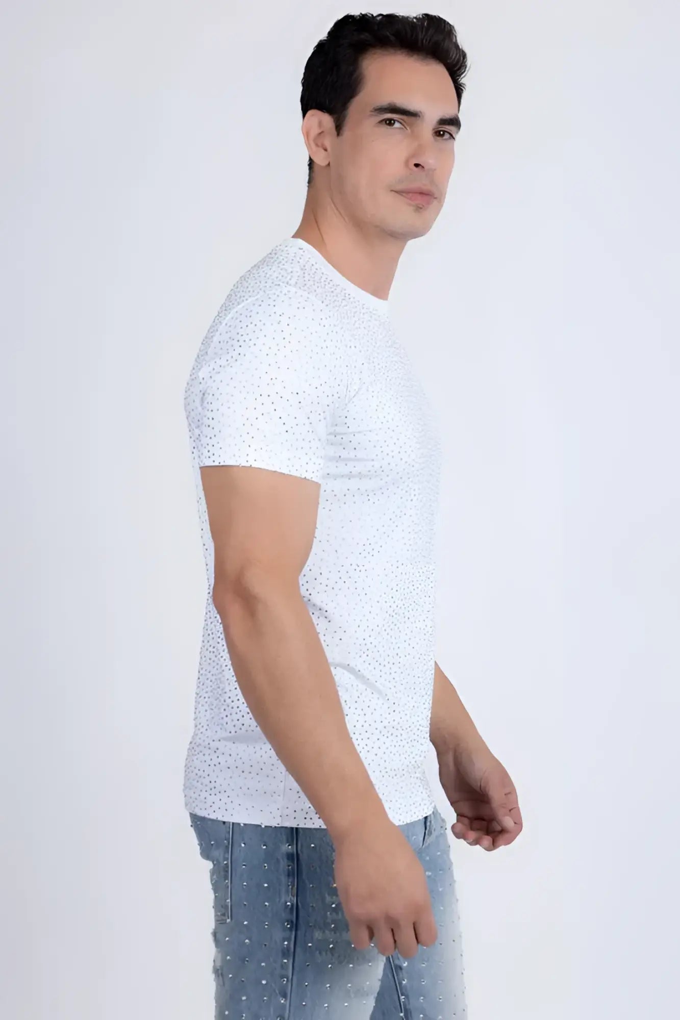 White dolorosa rhinestone t-shirt with short sleeves and a subtle dotted pattern perfect for casual wear