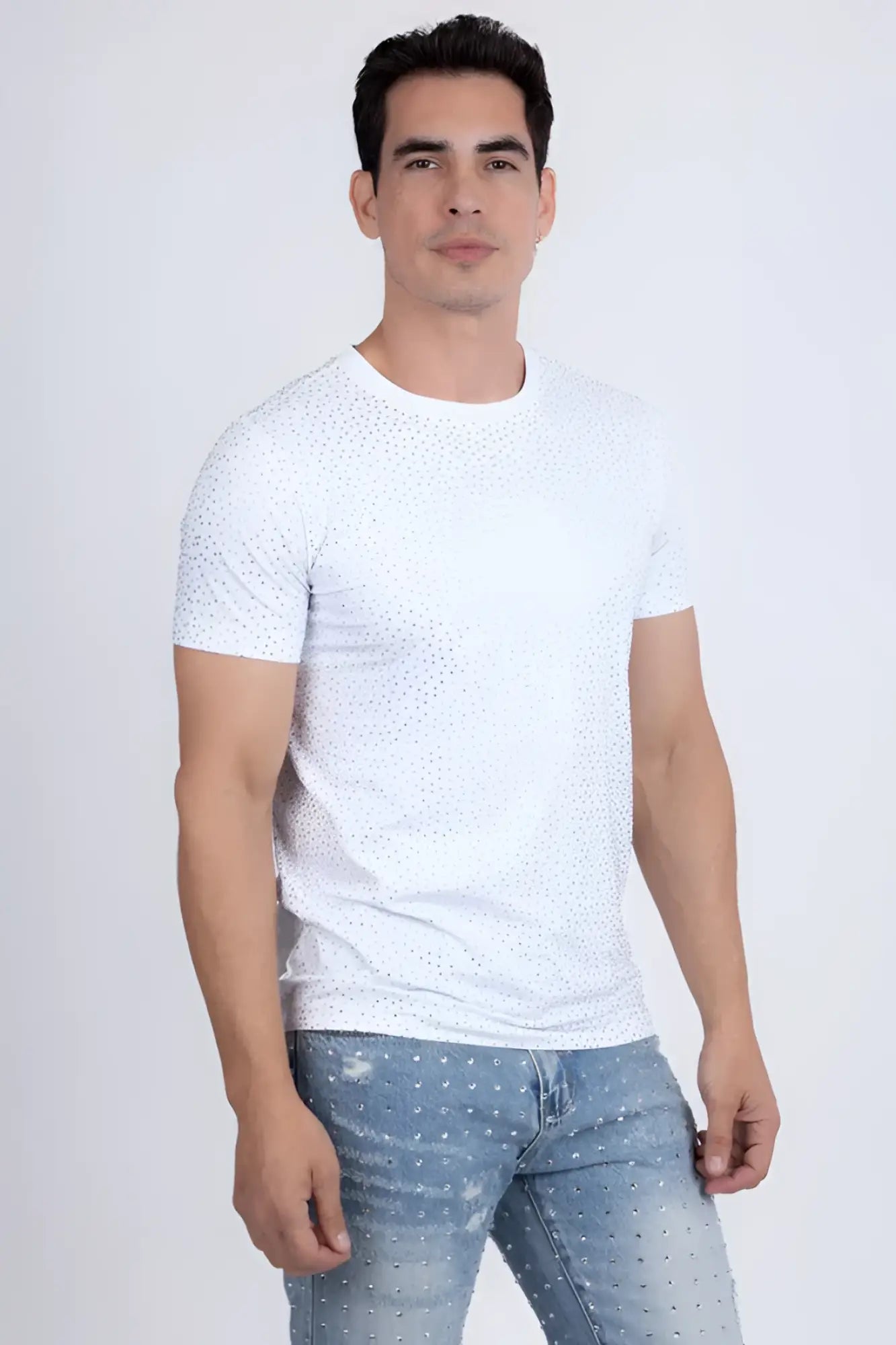 White short-sleeved dolorosa rhinestone t-shirt with a subtle dotted pattern perfect for casual wear