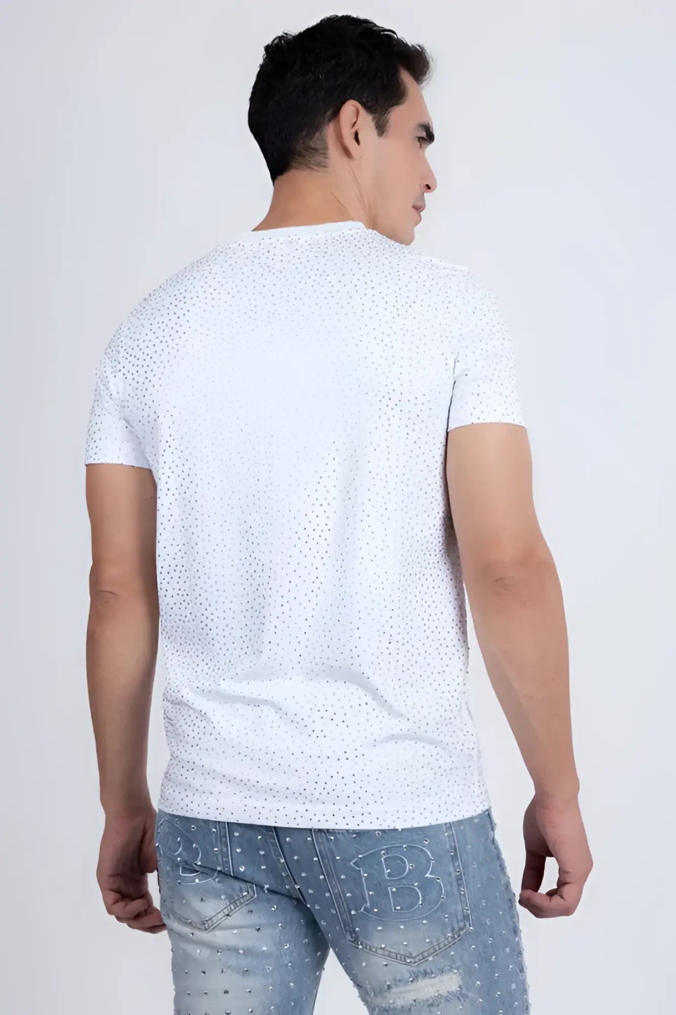 White dolorosa rhinestone t-shirt with short sleeves and subtle dotted pattern perfect for casual wear