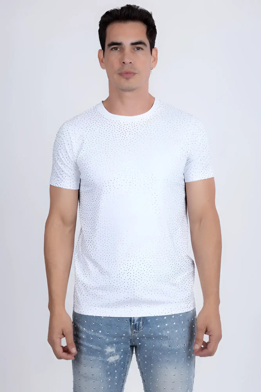 White short-sleeved Doloresa rhinestone t-shirt with subtle dotted pattern made from soft breathable fabric
