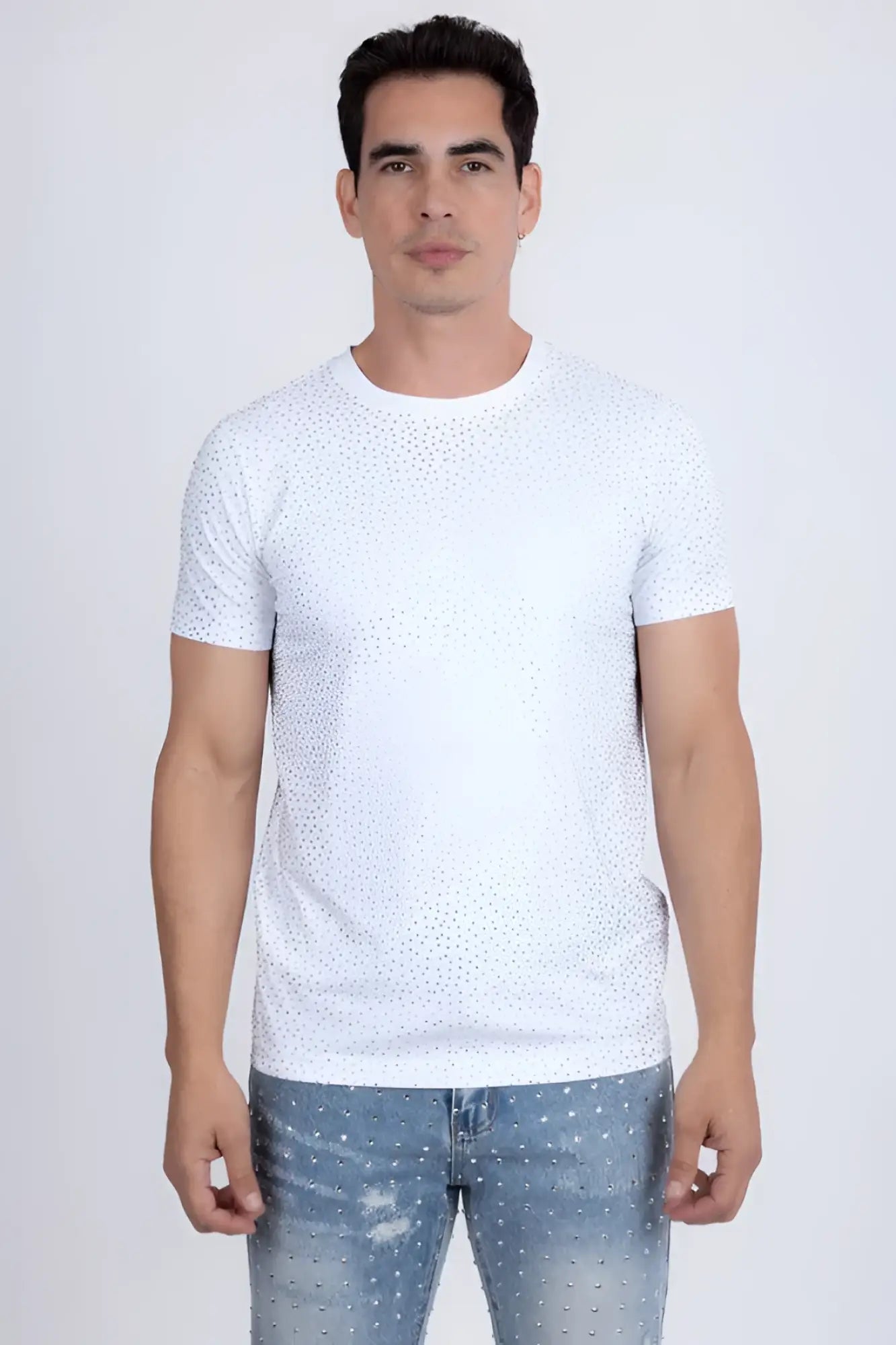 White short-sleeved Doloresa rhinestone t-shirt with subtle dotted pattern made from soft breathable fabric