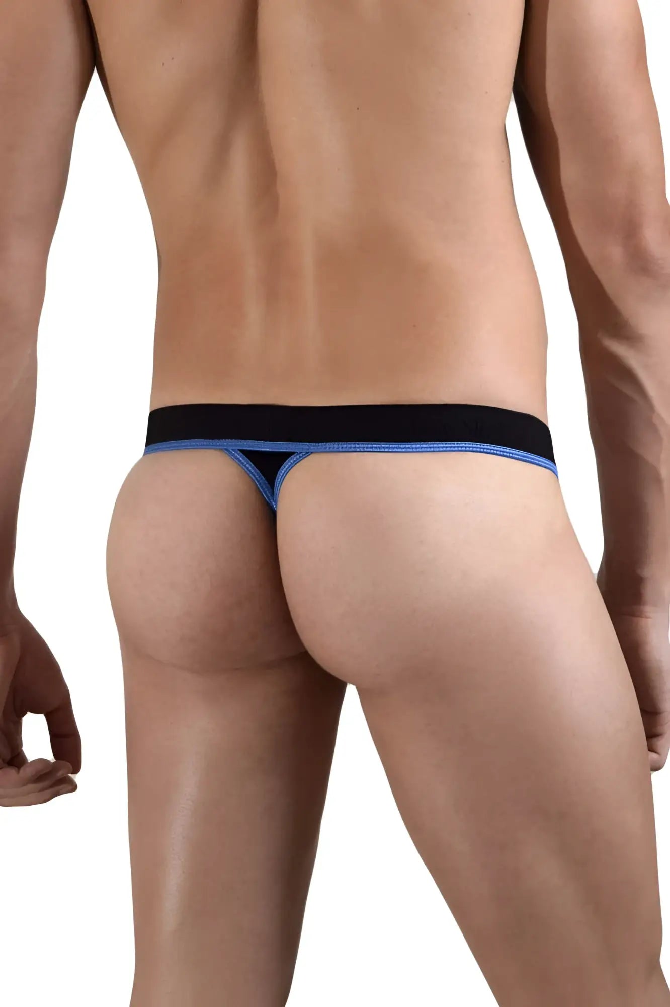 Doreanse 1012-BLK Borderline thong in black with blue trim featuring a snug, supportive fit, front view