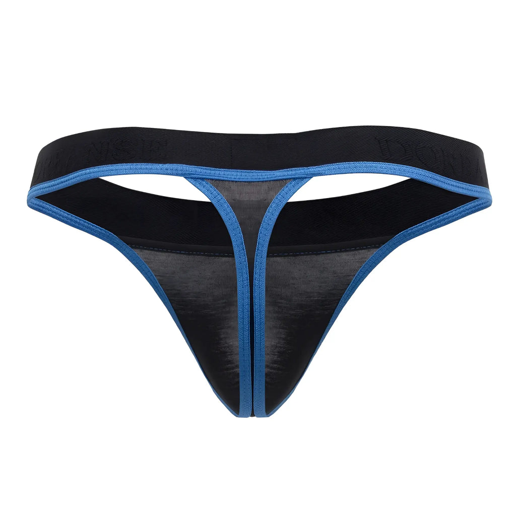 Black and blue doreanse 1012-blk borderline thong with textured fabric body and bright blue edge trim visible from front