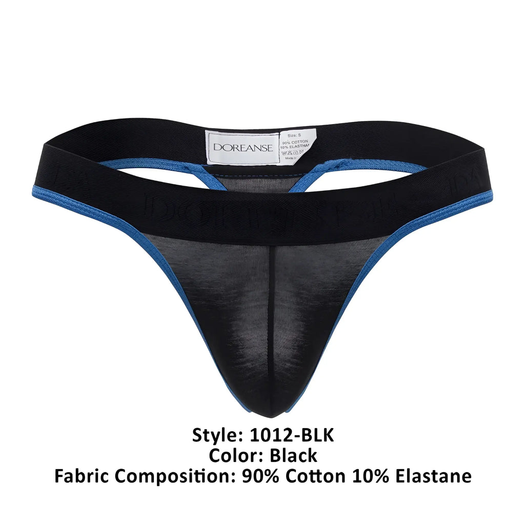 Black doreanse borderline thong with blue trim and sheer mesh front panel in color black