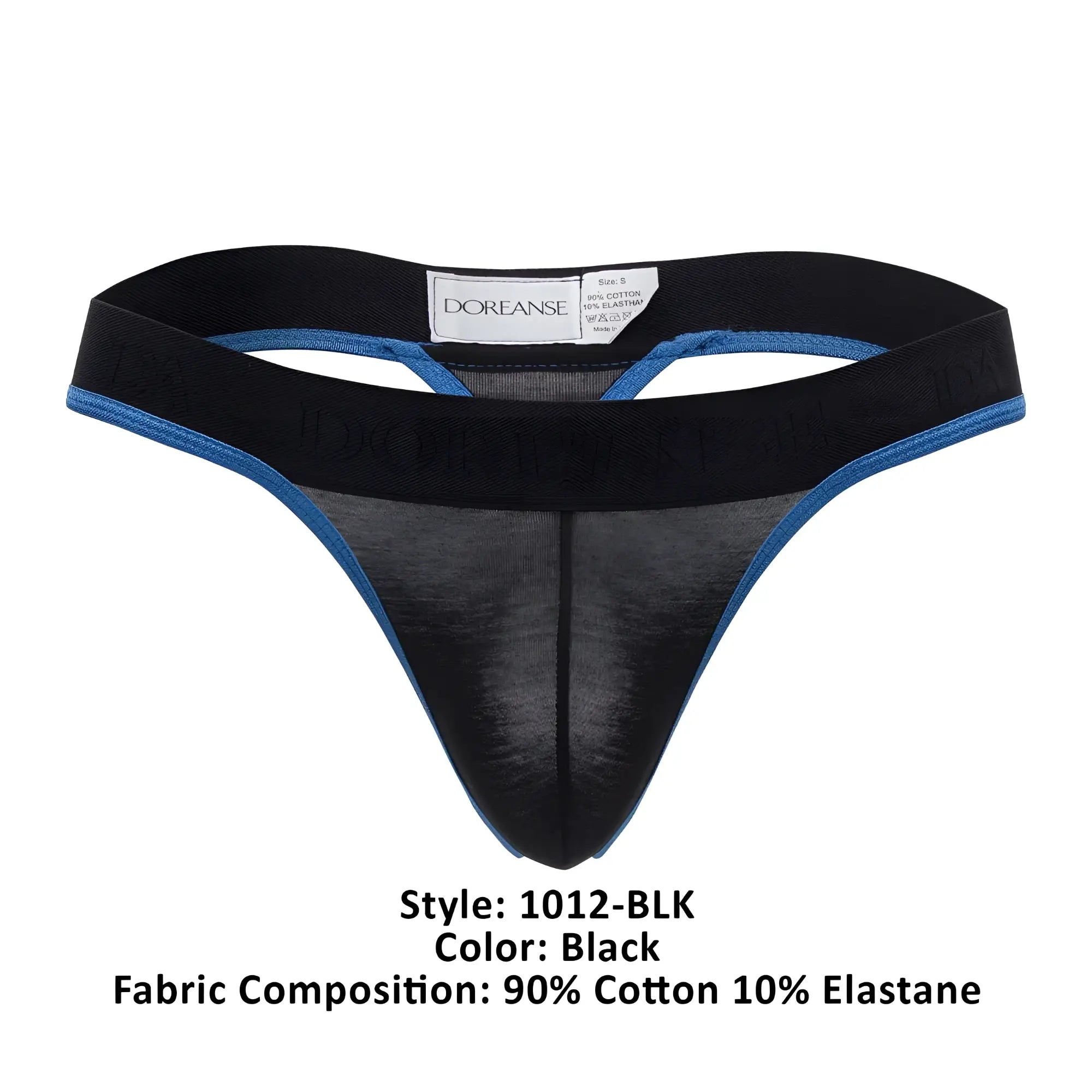 Black doreanse borderline thong with blue trim and sheer mesh front panel in color black