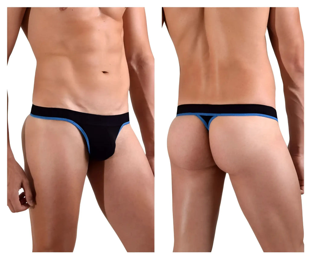 Black Doreanse 1012-BLK Borderline thong with blue trim showing the front side in stretch fabric