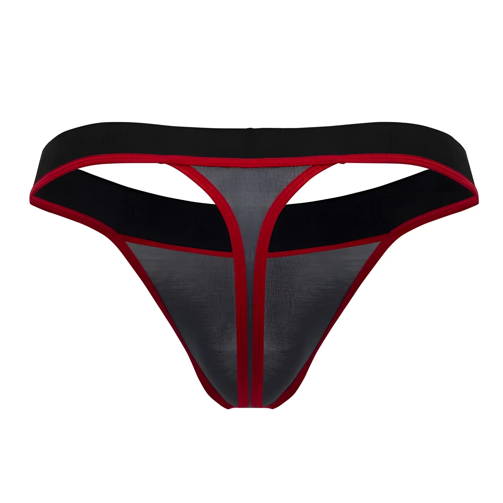 Doreanse 1012-chr borderline thong in charcoal black and red mesh with a supportive elastic waistband visible from the back