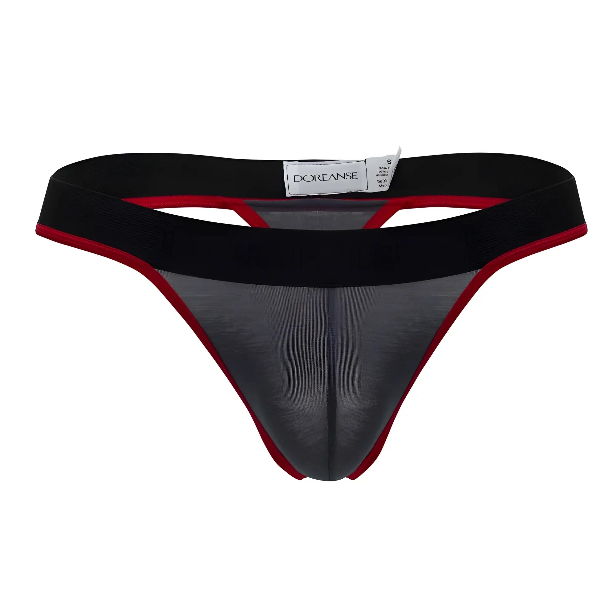 Black and red mesh thong with branded label in charcoal doreanse 1012-CHR borderline thongs
