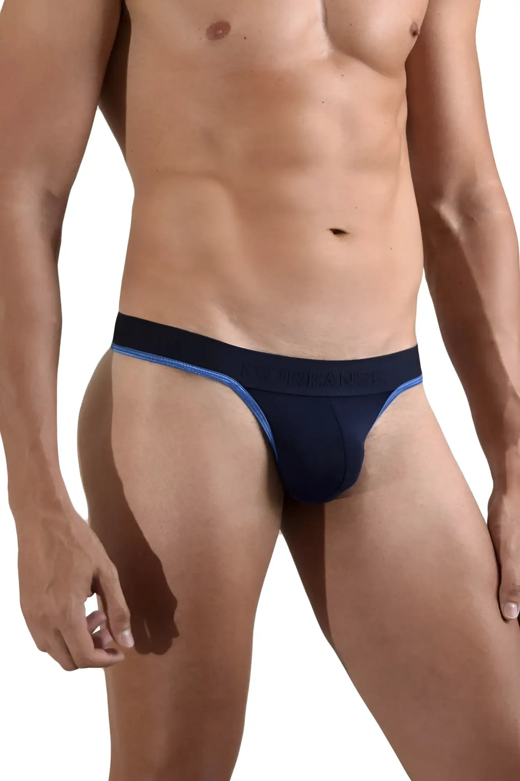 Navy blue athletic brief by doreanse with contrasting light blue trim along waistband and leg openings