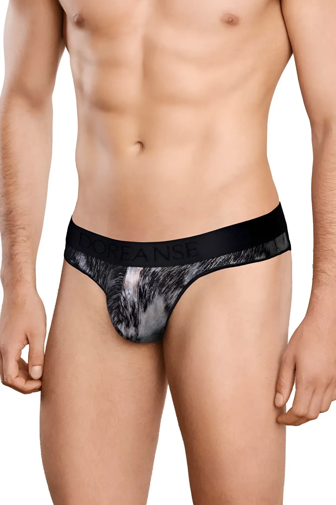 Black and gray patterned briefs with a solid black waistband featuring dorianse branding in white lettering