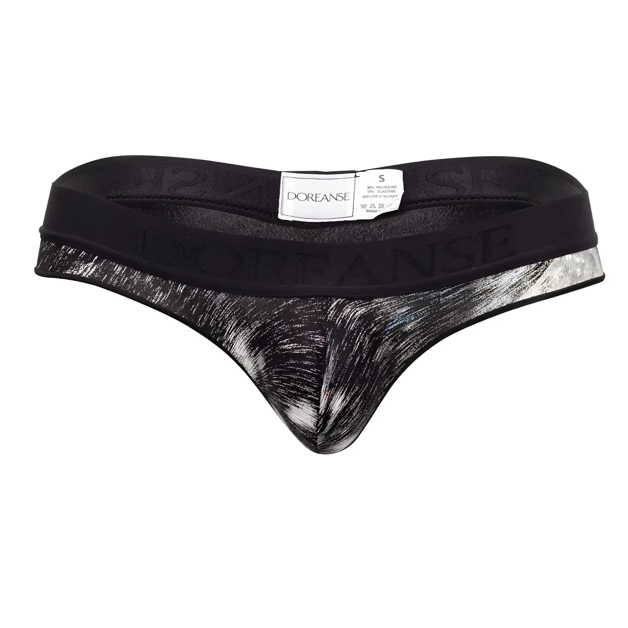 Black and silver abstract brushstroke doreanse 1208-prn nebula thong with branded waistband showing front side