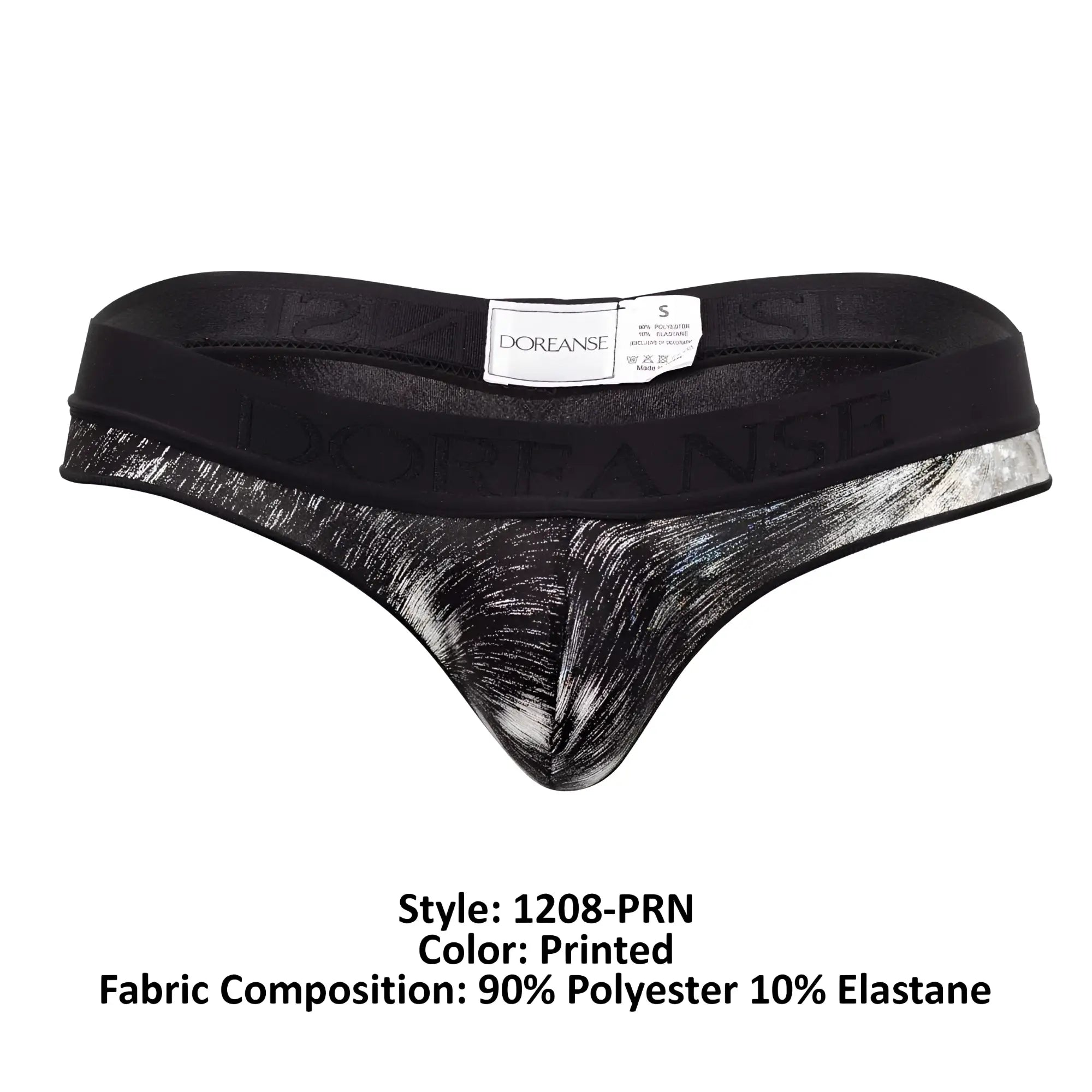 Black and silver doreanse 1208-prn nebula thong with textured brushstroke pattern on fabric front side