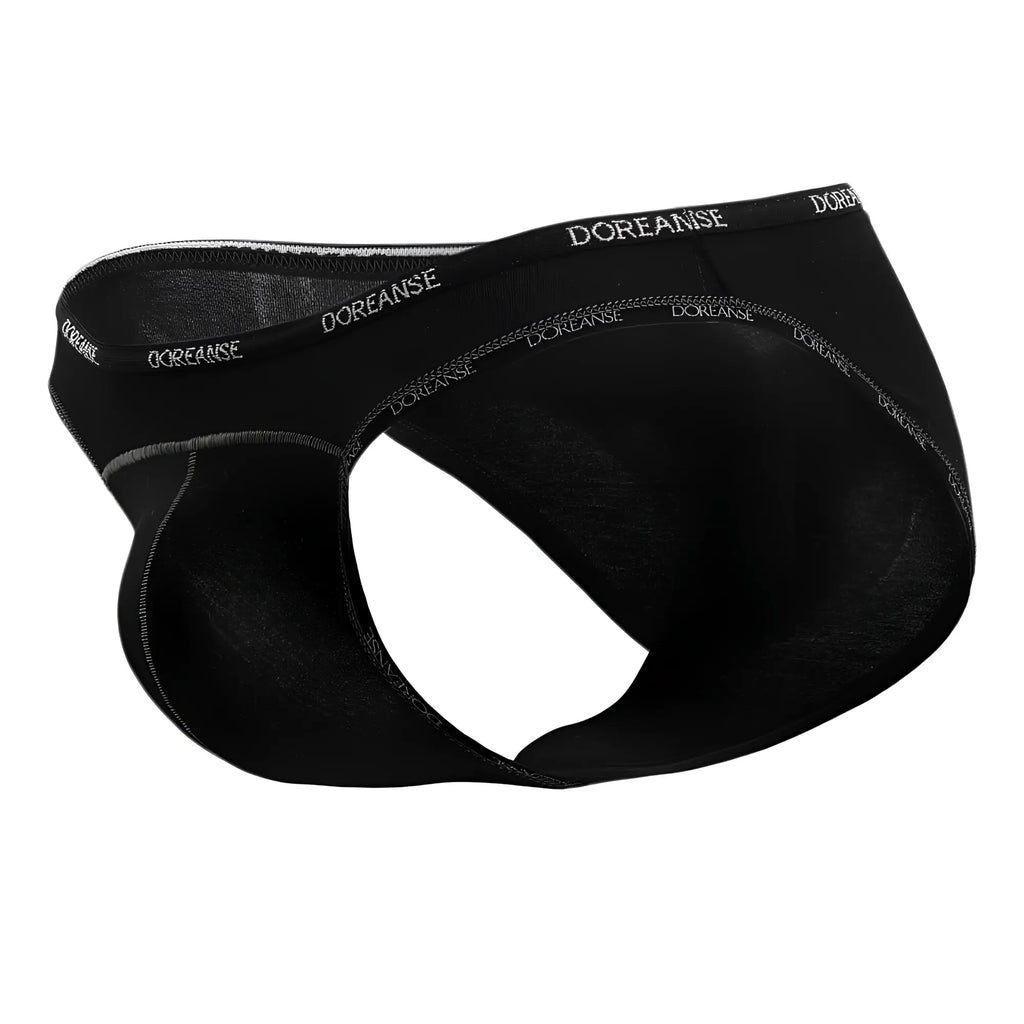 Black doreanse 1215-BLK naked bikini men’s briefs with subtle white logo trim on waistband for comfortable wear