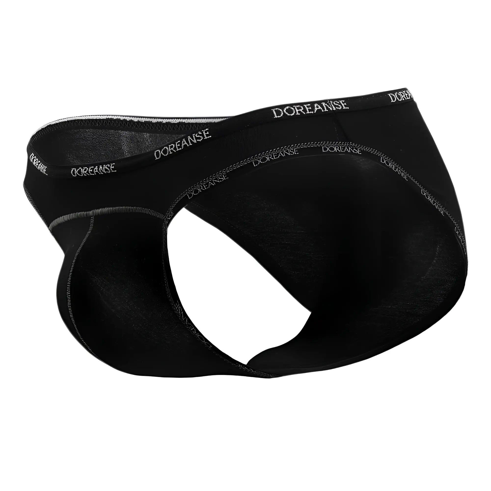 Black doreanse 1215-BLK naked bikini men’s briefs with subtle white logo trim on waistband for comfortable wear