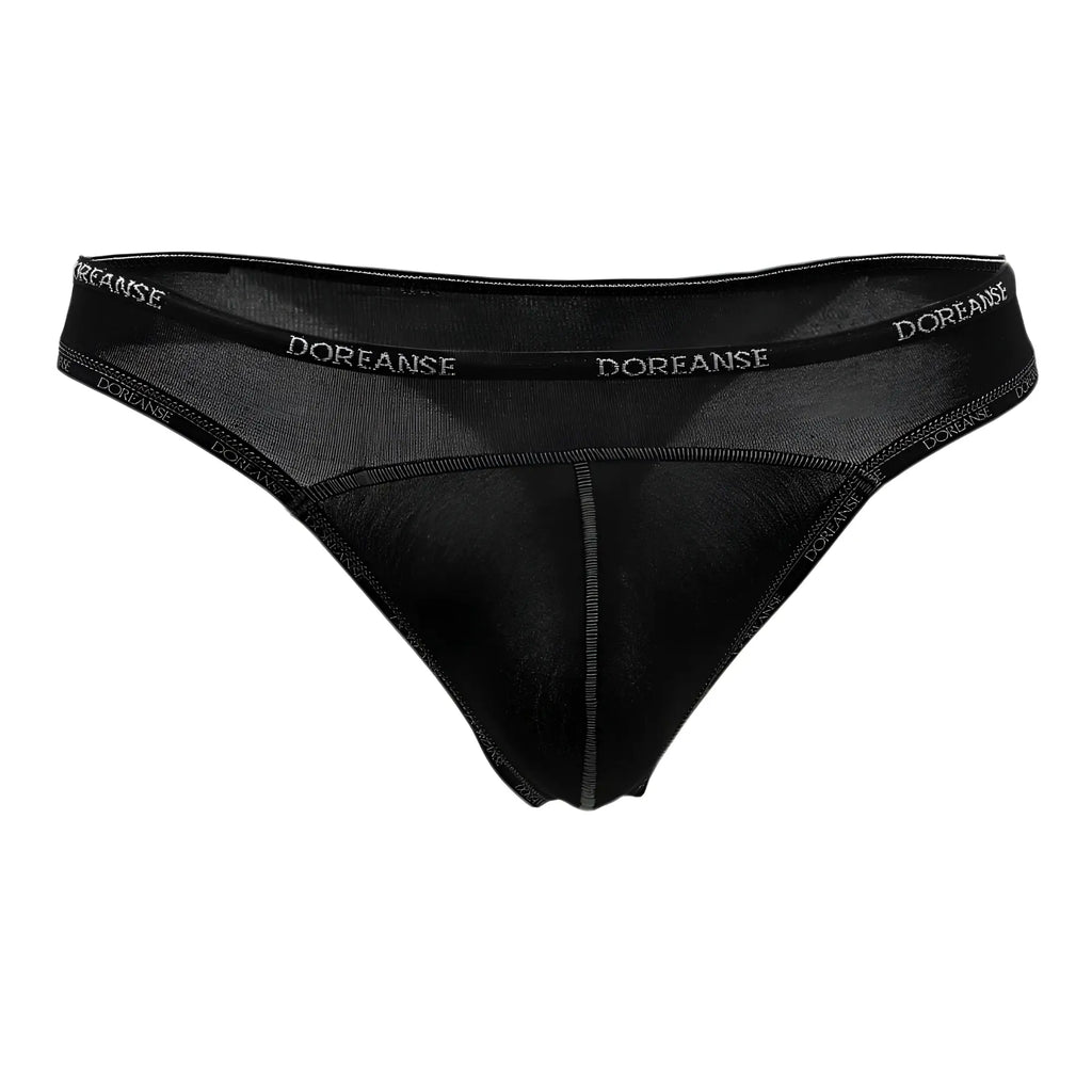 Doreanse 1216-BLK black sheer mesh men’s thong underwear with elastic waistband viewed from the back