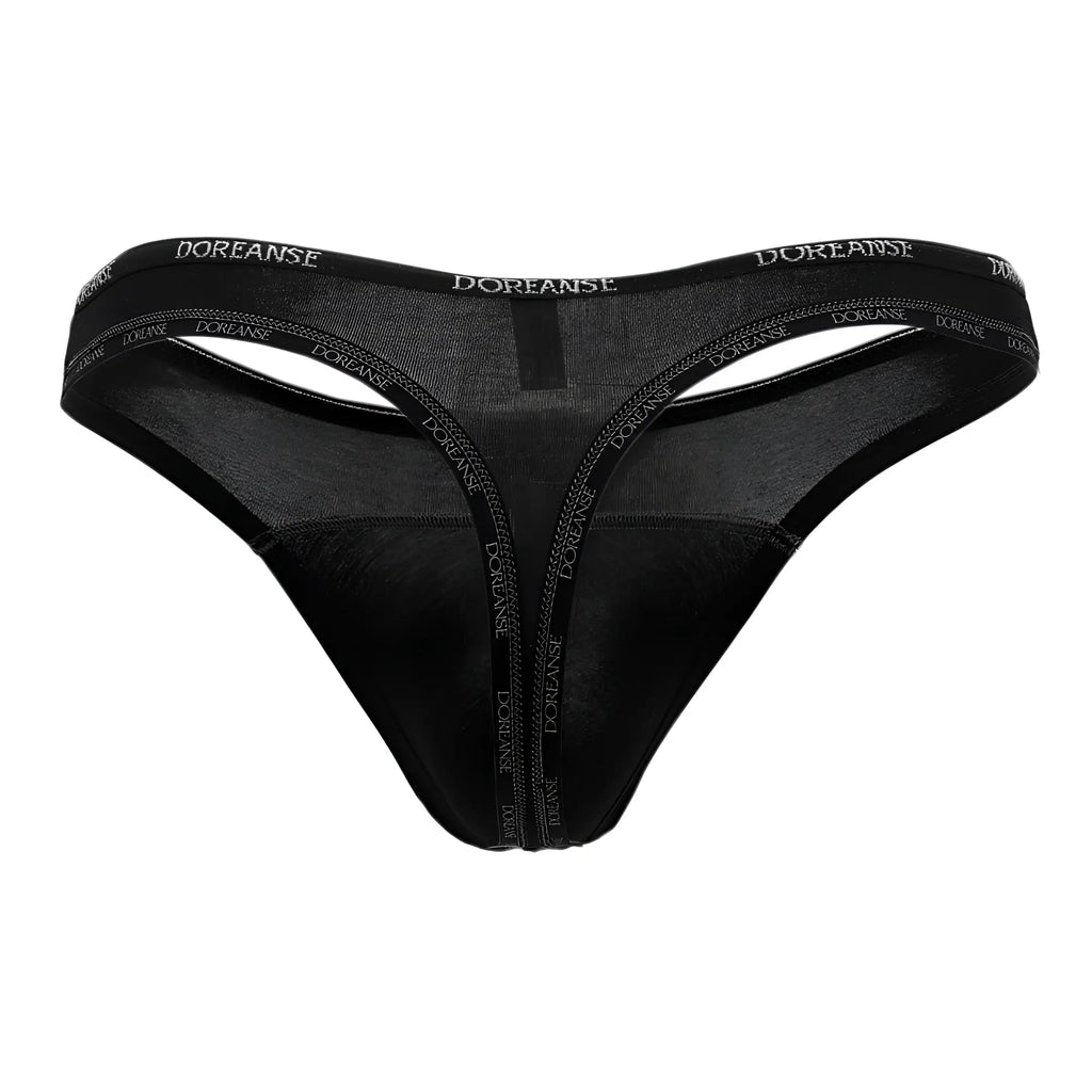 Black doreanse 1216-blk naked thong with sheer mesh panel and branded waistband in black color front view