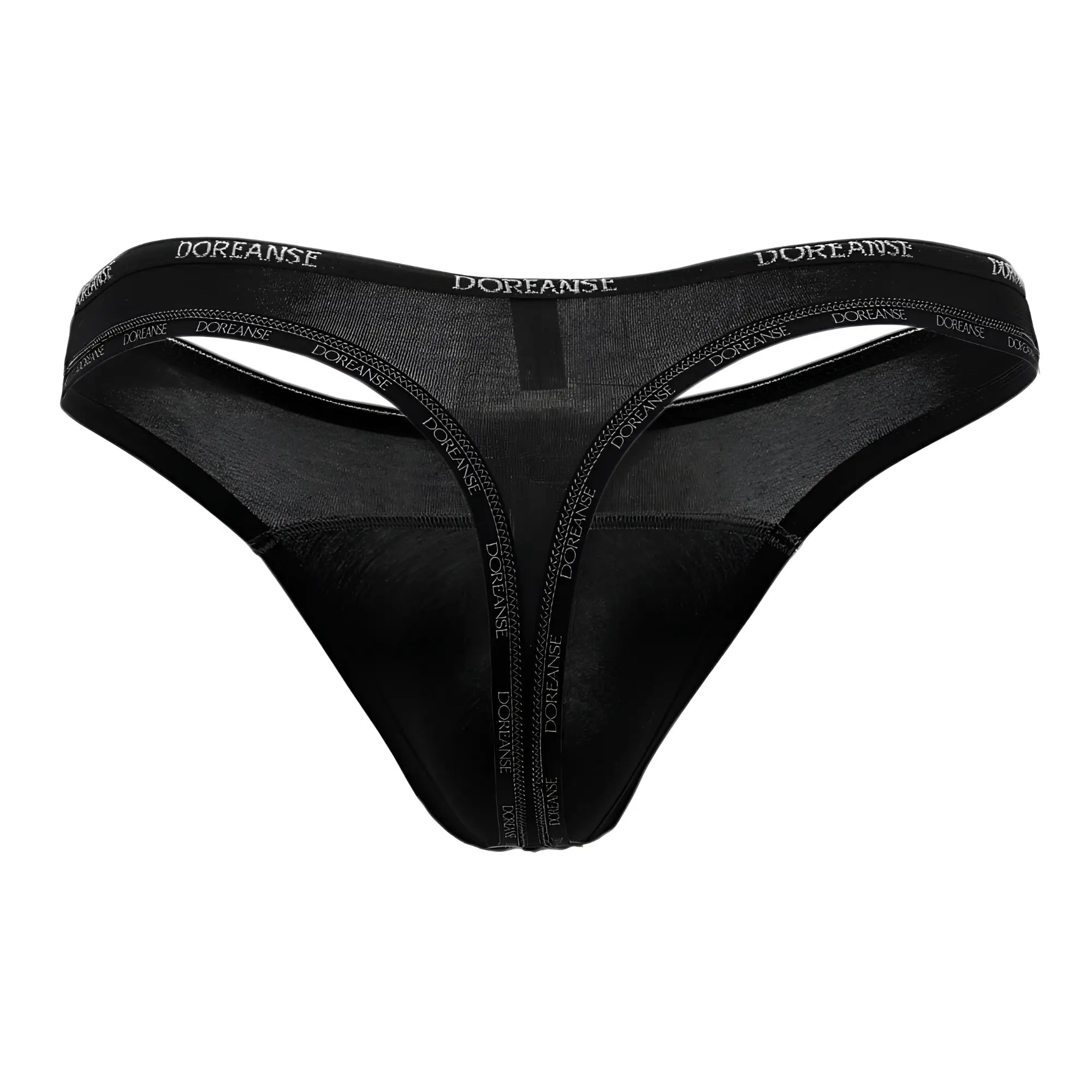 Black doreanse 1216-blk naked thong with sheer mesh panel and branded waistband in black color front view