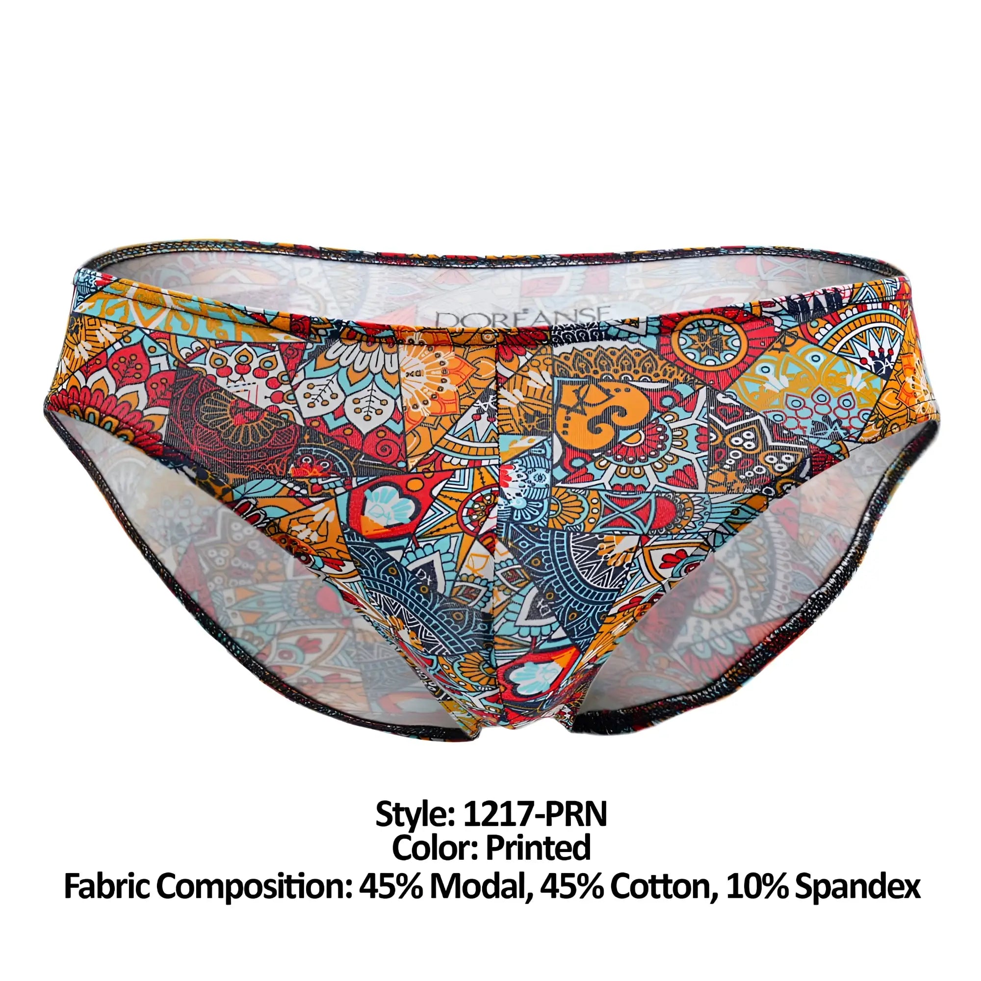 Doreanse 1217-PRN groovy bikini color printed briefs with vibrant mandala patterns in orange red blue and yellow hues