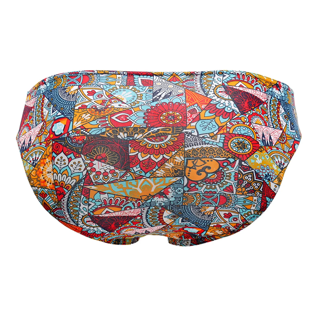 Doreanse 1217-PRN groovy bikini color printed vibrant swim trunks with bold patchwork mandala and geometric patterns