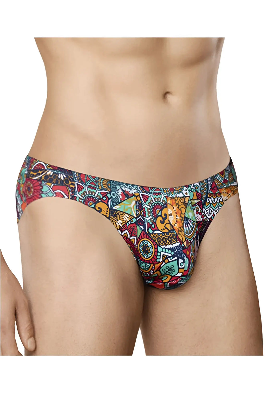 Doreanse 1217-prn groovy bikini color printed vibrant men’s briefs with colorful tribal and geometric patterns in red teal orange and navy