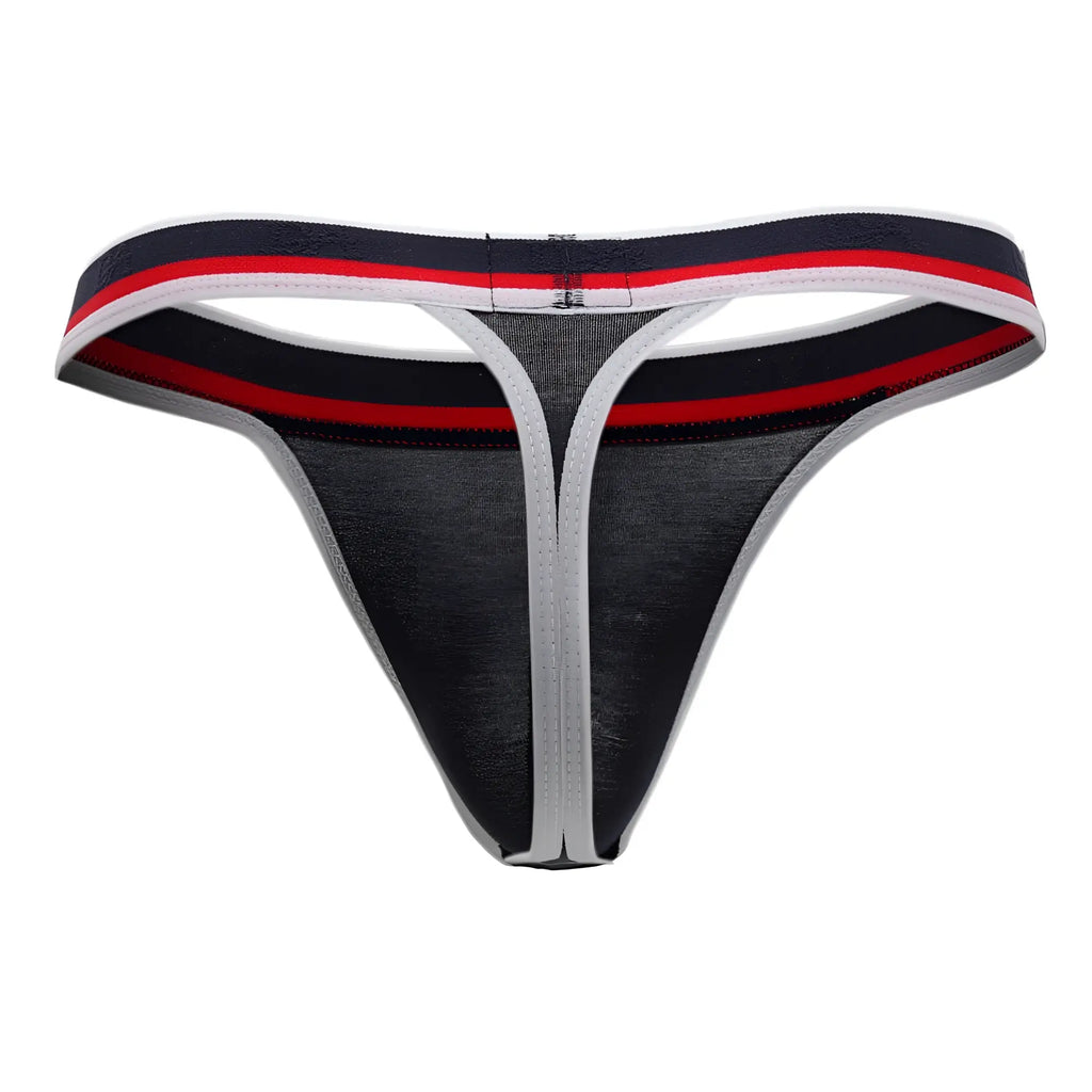 Doreanse 1218-nvy metro thong in black and gray with red white and navy striped waistband, front view