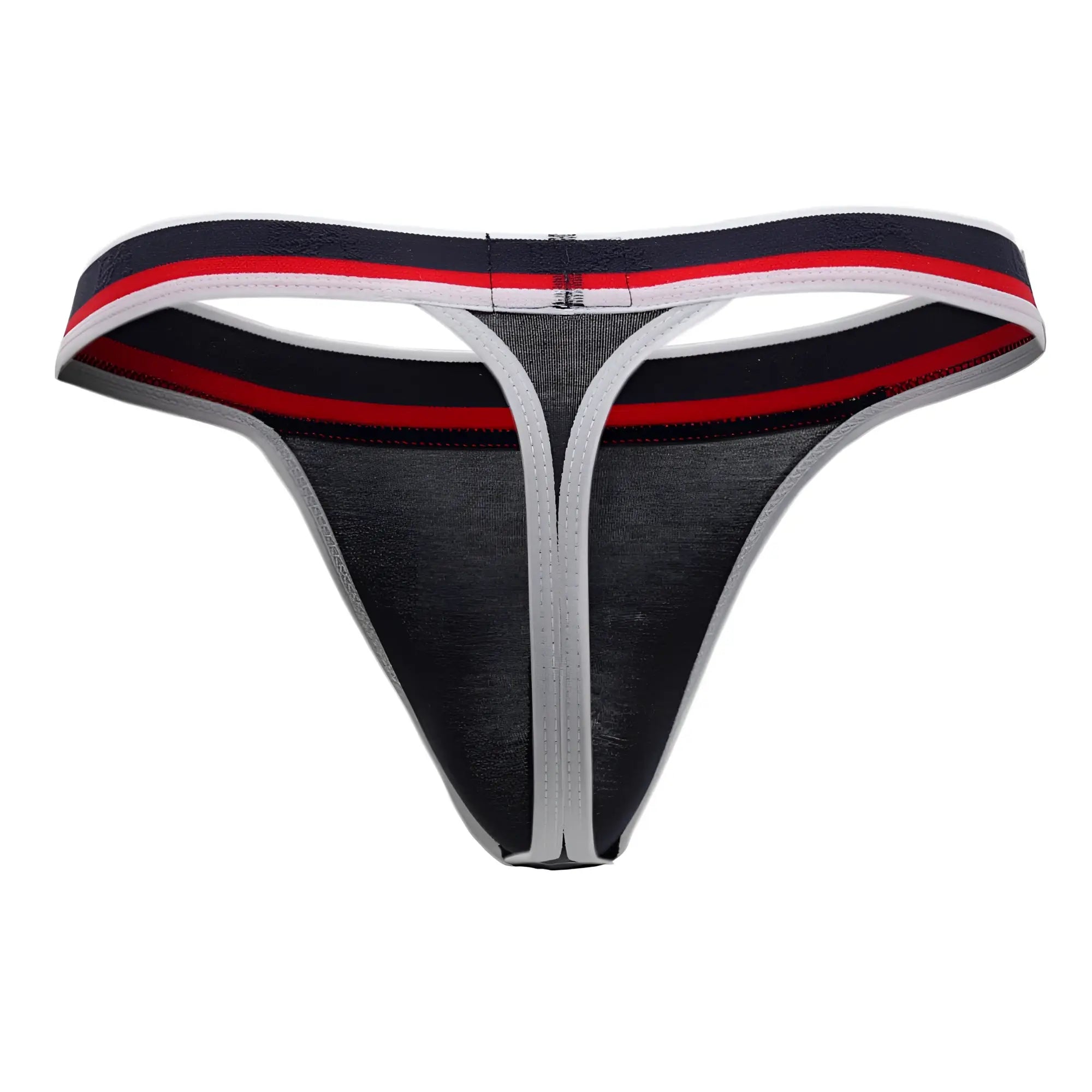 Doreanse 1218-nvy metro thong in black and gray with red white and navy striped waistband, front view